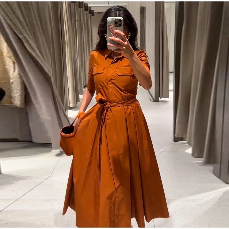 Elegant Single Breasted Khaki Long Dress Women Lapel Short Sleeve Pleat Slim Waist A-line Dresses 2025 Summer Autumn Lady Robes