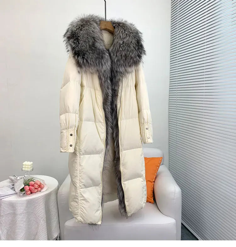 2025 New Winter Women Warm Coat 90% Goose Down Jacket Long Real Fox Fur Collar Thick Luxury Outerwear Female Coat Streetwear