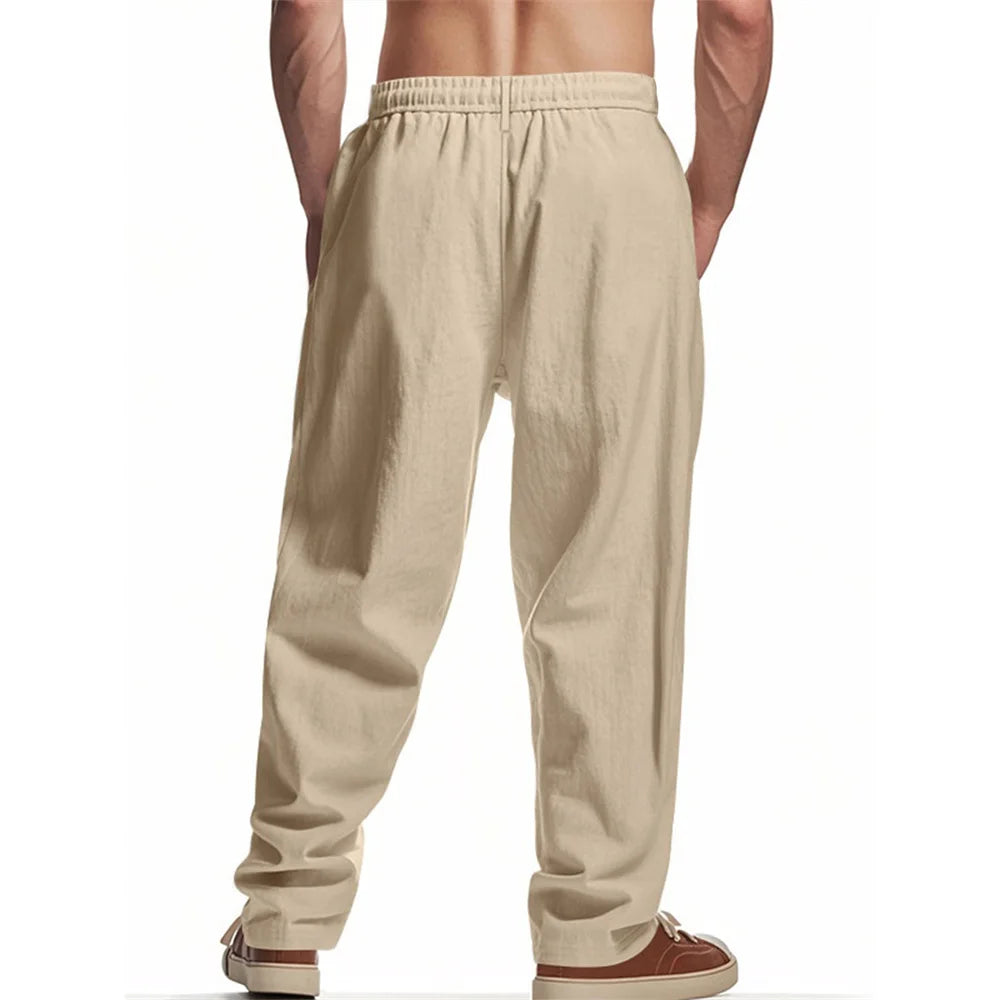 Autumn New Men's Cotton Pants Solid Color Button Drawstring Design Casual Loose Fit Cozy Trousers Simple Style Long Pants