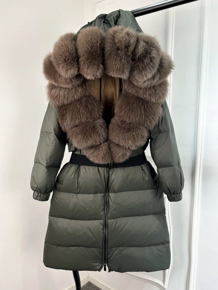 Lagabogy 2025 Winter Puffer Jacket Women Real Fox Fur Hooded Collar Thick Warm Long White Duck Down Coat Loose Luxury Outerwear
