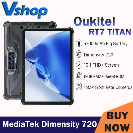 OUKITEL RT7 TITAN 5G Rugged Tablet IP68/IP69K 12GB+256GB 10.1" FHD+ 48MP+20MP 32000mAh MediaTek Dimensity 720 Android 13 Tablets