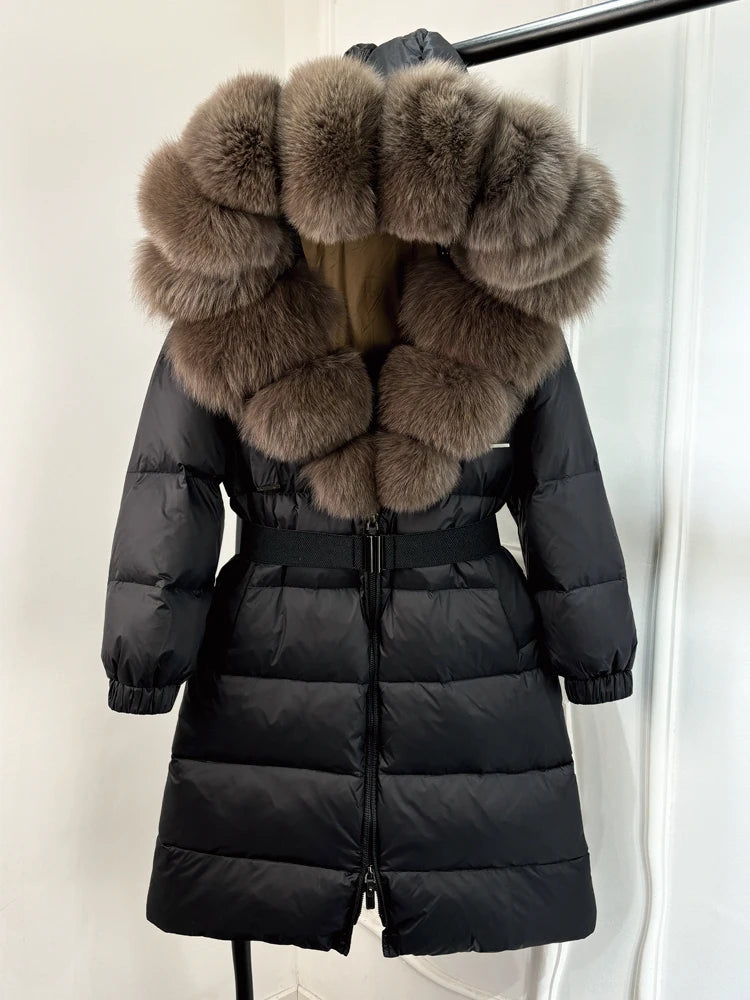 Lagabogy 2025 Winter Puffer Jacket Women Real Fox Fur Hooded Collar Thick Warm Long White Duck Down Coat Loose Luxury Outerwear