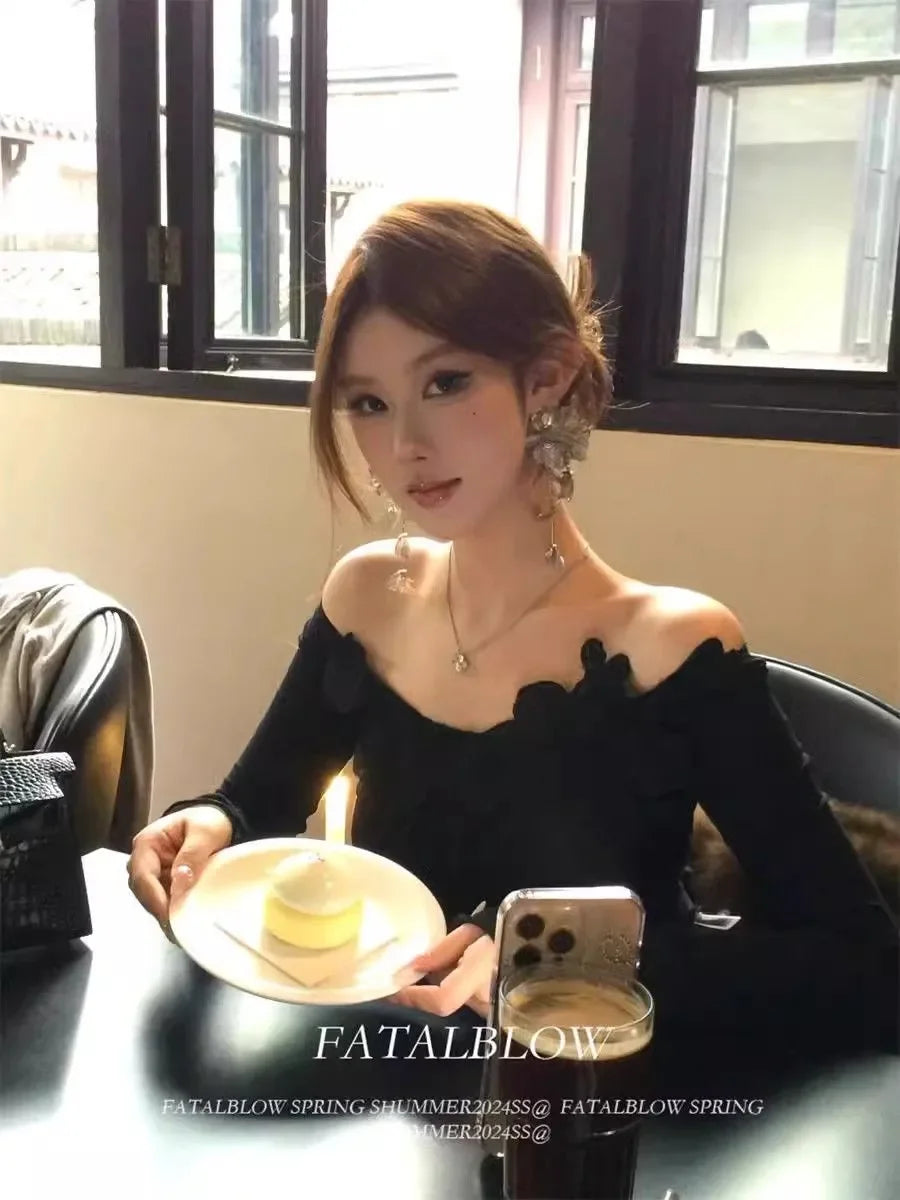 Women Clothes Spring Autumn Fashion Simplicity Solid Color Slash Neck Ladies Trend Pure Desire Wind Long Sleeve Appear Thin Tops