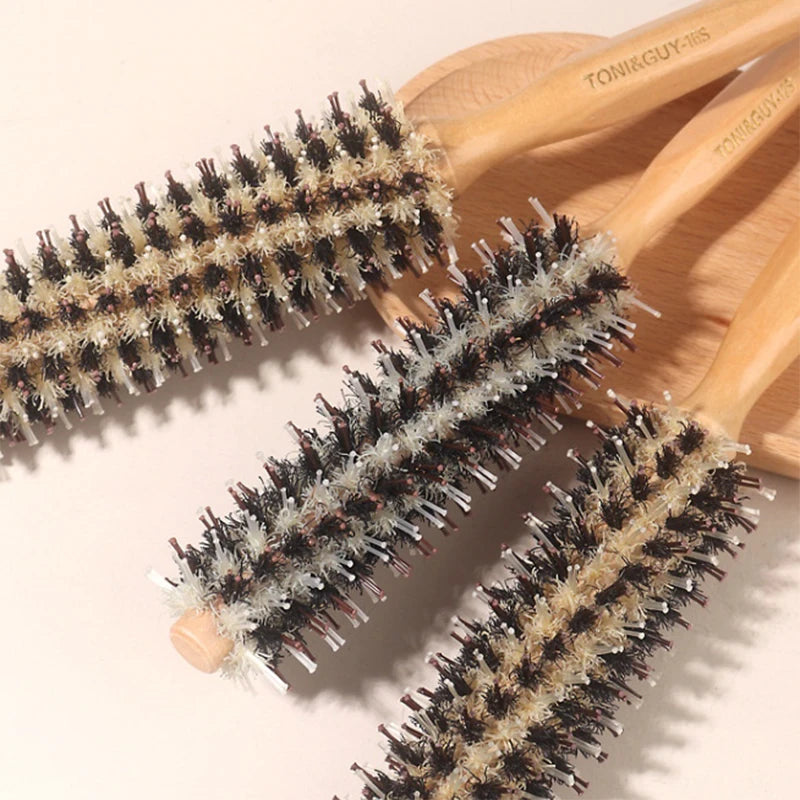 Natural Boar Bristle Roller Brush Barber Hair Roller Wood Hair Brush Round Barrel Hair Comb For Women Curly Hair Hairdressing