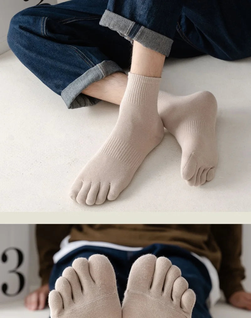 Men's Cotton 5 Toe Socks Mid Cuff Anti Odor Sweat Wicking Non Slip for Spring Autumn Casual Athletic Solid Color Daily Comfort