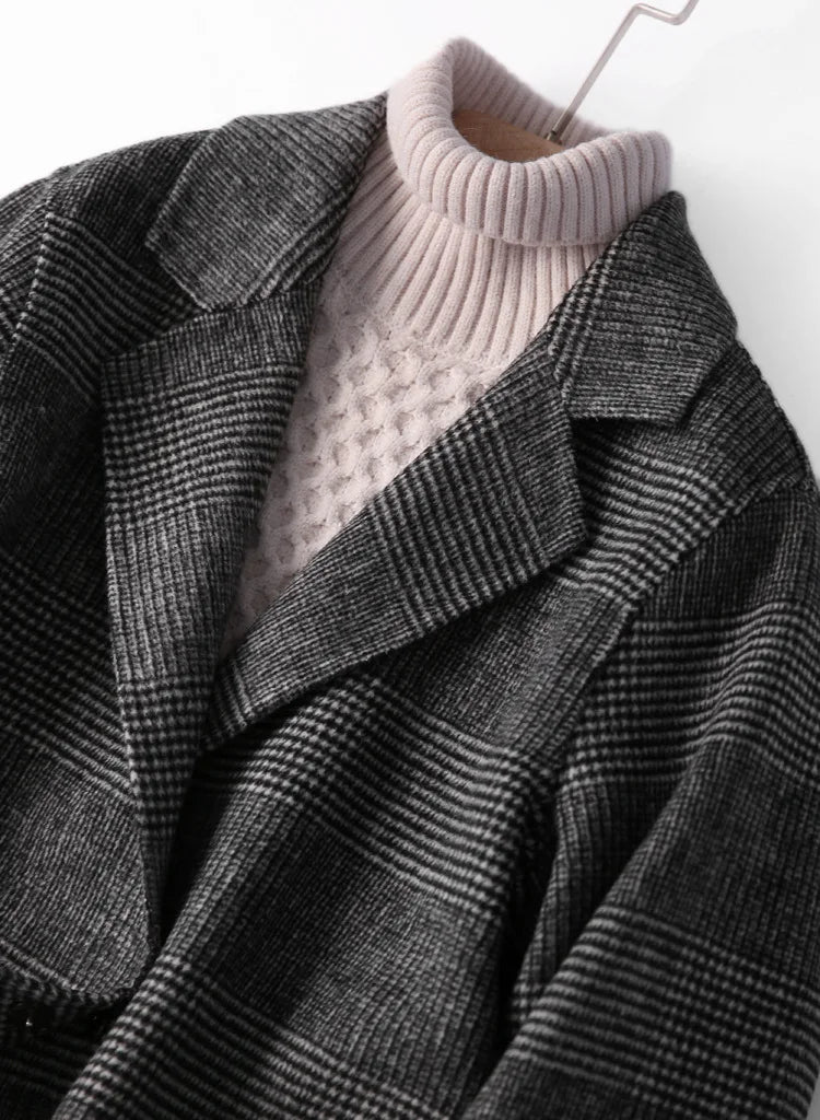 Handmade Sewn Double-sided Woolen Blazer Women Spring Autumn Plaid Wool Overcoat Office Lady Casual Suit Coat Thick Jacket