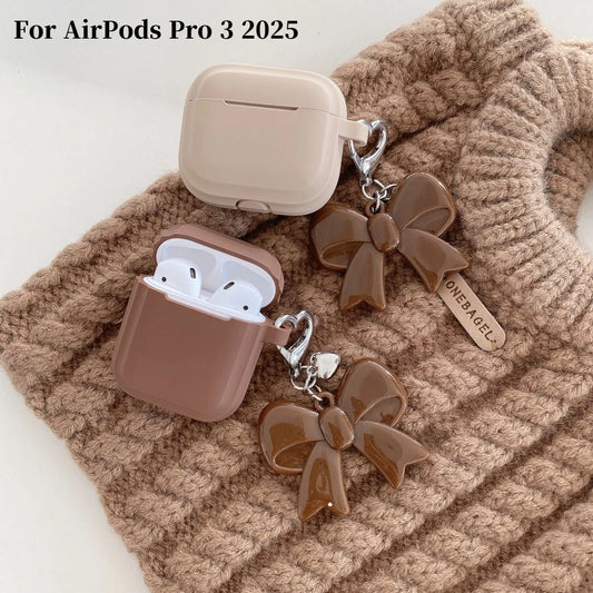 Fashion Chocolate Case For Airpods Pro 3 2025 Case Soft Silicone Earphone Cover For Airpods 4 3 2 1 Pro 2 With Bowknot Keychain