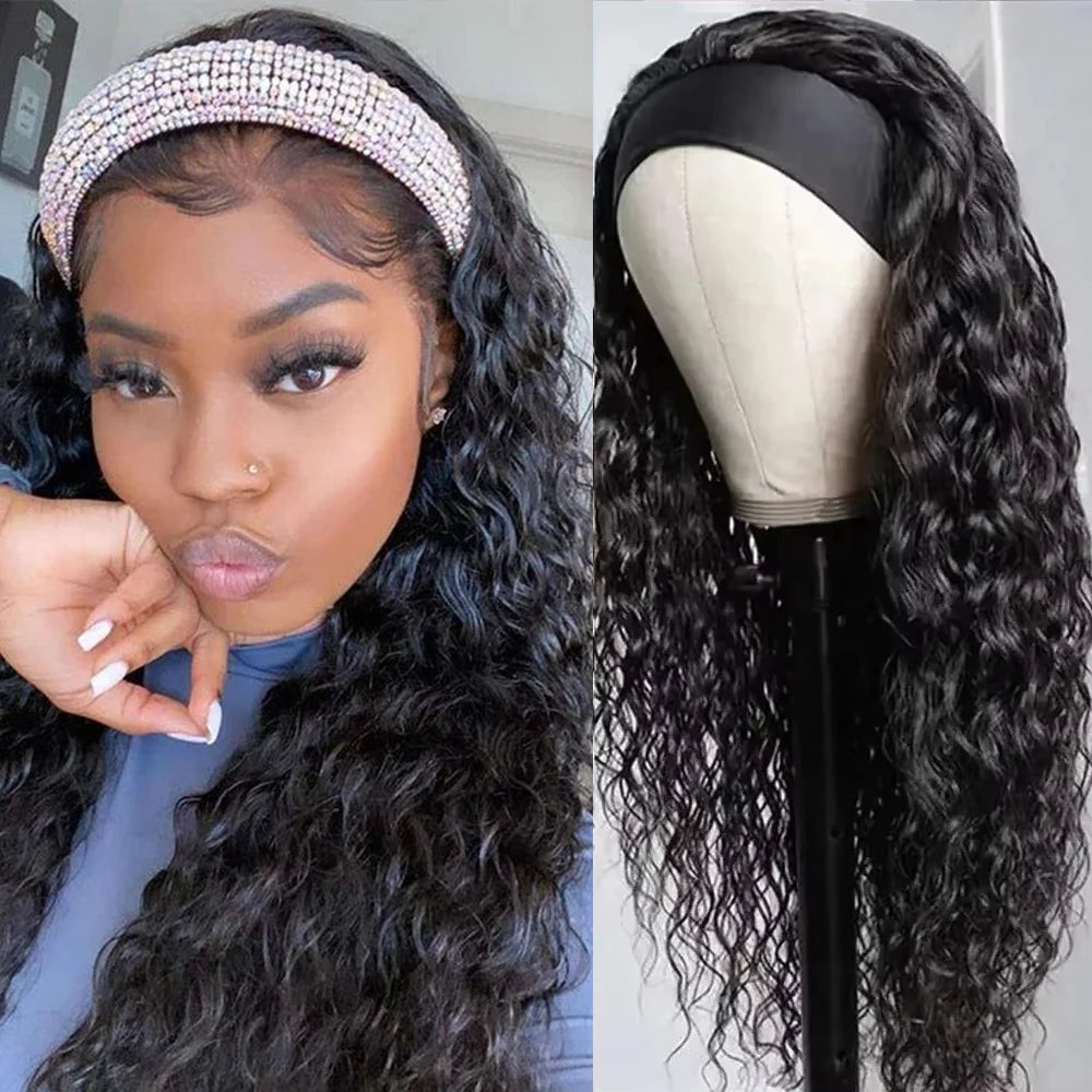 Headband Wig Water Wave Human Hair Wigs With Pre-attached Headband Glueless 180% Density Malasysian Human Hair Wig 18-32inch