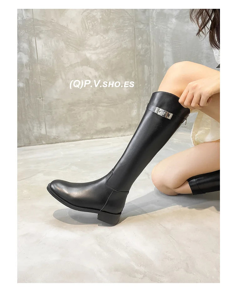 Genuine Leather Thick-Soled Autumn Winter New Style Chunky Heel Rhinestone Buckle High Tube Riding Over-The-Knee Long Boots