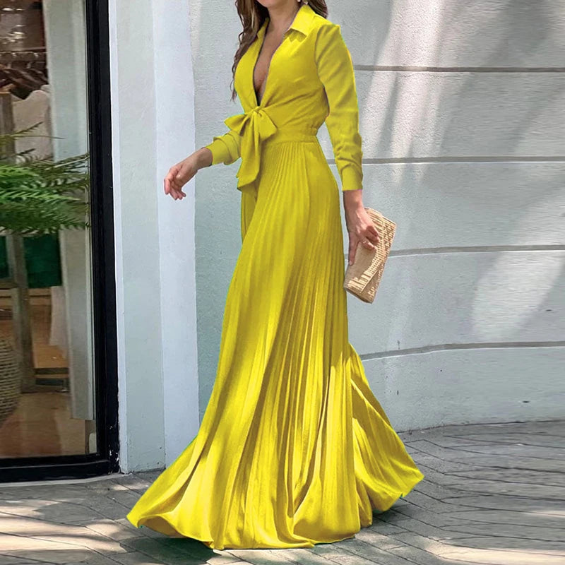 Elegant Maxi Dresses For Women V Neck Lace Up Flower Print Casual Long Sleeve High Waist Long Dress Boho