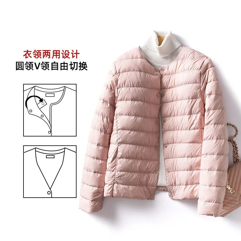 Light Down Coat Women Liner Duck Down Jacket O-neck Variable V-neck New Female Winter Collarless Ultralight Quilted Puffer Coat
