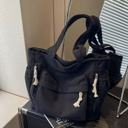 Multi-pocket Women's Bag Corduroy Shoulder Bag Large Capacity Simple Handbag For Female Shopping Bag