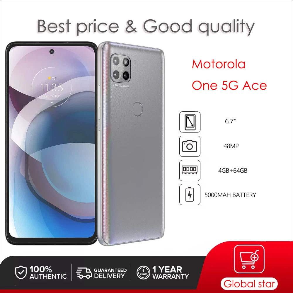 Motorola One 5G Ace XT2113 Refurbished Original Unlocked Phone 4GB RAM 64GB ROM 6.7 inches 48MP 4G LTE 5000mAh Cellphone