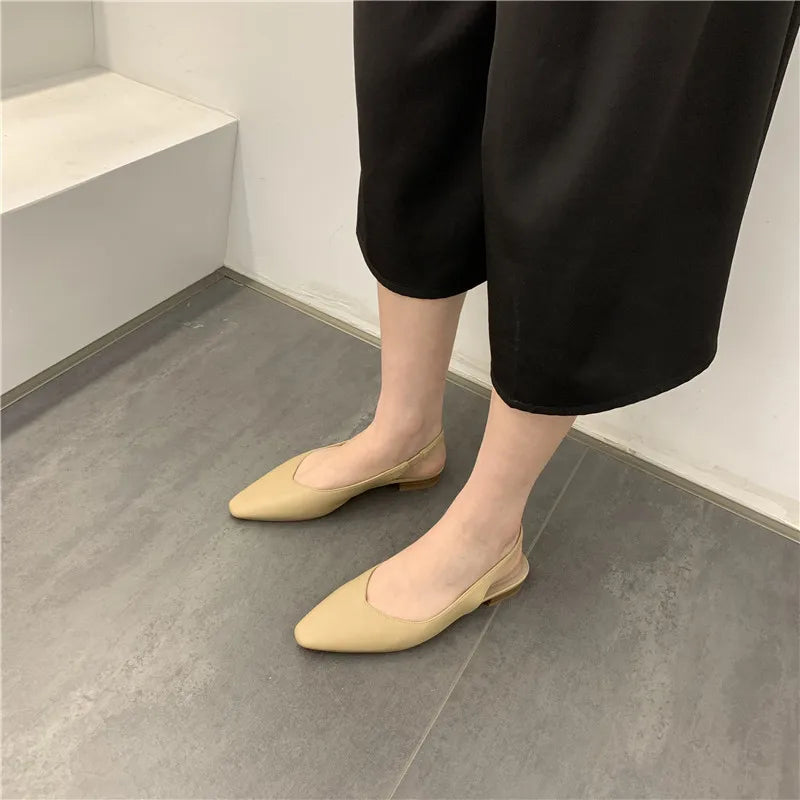 Elegant Slingback Flat Sandals Women Solid Leather Pointed Toe Shoes Summer Ladies Rear Strap Sandalias Low Heel Mary Janes 2025