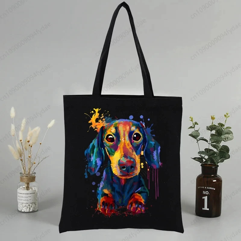 Dachshund Teckel Cute Dog  Canvas Tote Bag Printed Cartoon Reusable Cloth Bag Handbag Shopping Shoulder Bags Handbags Women