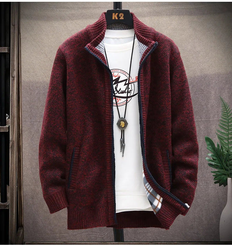 Knitted Cardigan Solid Color Sweater Men Zipper Autumn New Long-sleeved Jacket Warm Fleece Cardigans Jacket