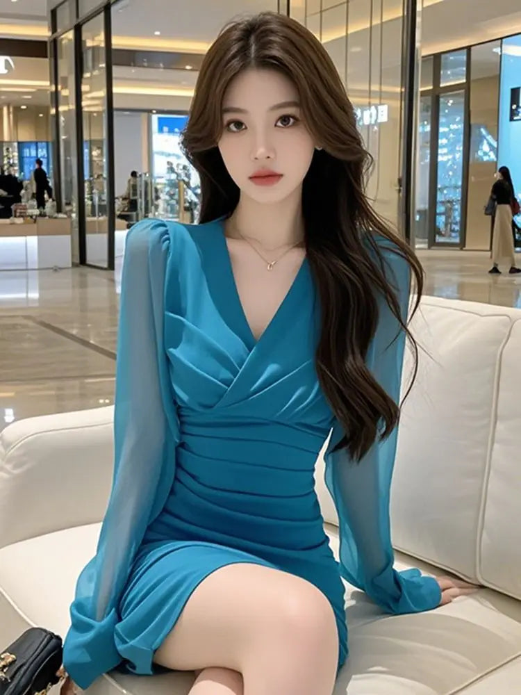 2025 New Women Clothes Temperament Dresses Ladies Fashionable Pleated V-neck Long Sleeve Sexy Dress Women Solid Color Dresses