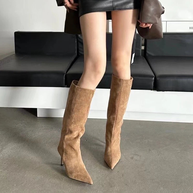 SUOJIALUN Brand Women Long Boots Fashion Pointed Toe Slip On Ladies Elegant Knee-high Boots Thin High heel Outdoor Dress Pumps
