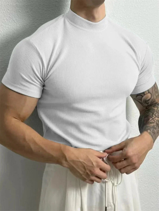 spring summer Elastic Comfortable Men's T-shirt Small high collar stripe shirt short sleeve fitness tops sports casual T-shirt