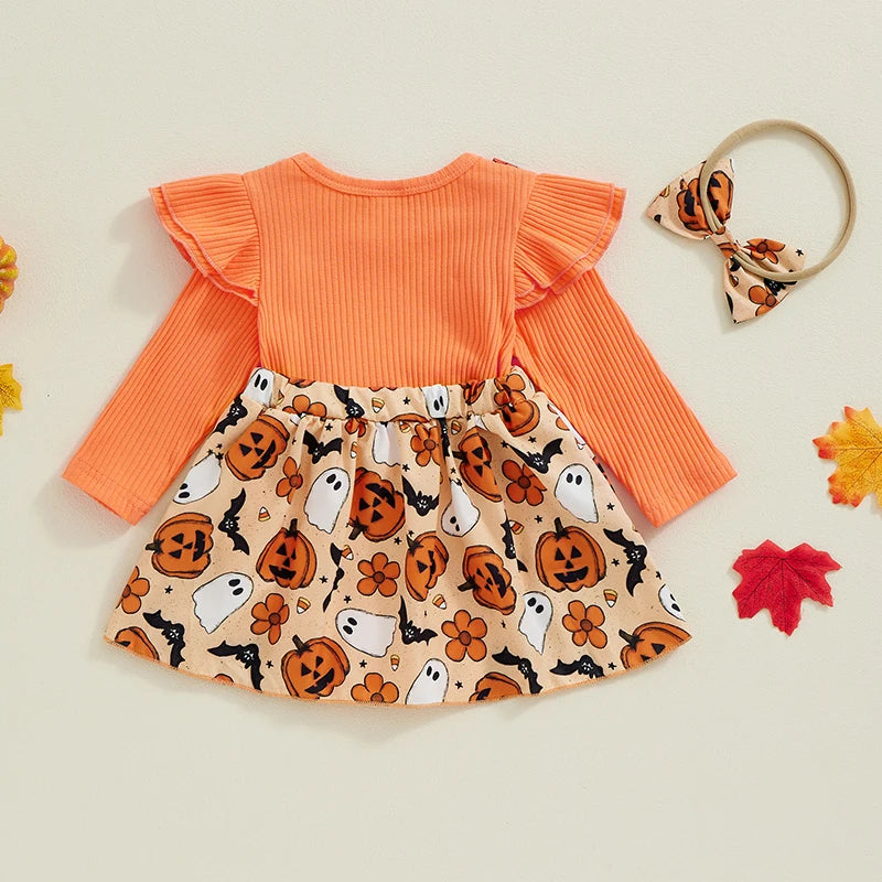 Newborn Baby Girl Halloween Clothes Outfit Pumpkin Ghost Print Long Sleeve Crew Neck Patchwork Romper Dress with Headband
