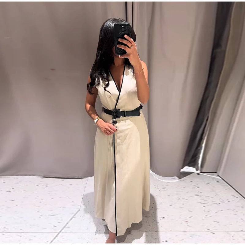 Y2K Patchwork V-neck Midi Dress With Belt Women Elegant Sleeveless Evening Party Tank Dress Summer Vacation Chic Beach Vestidos