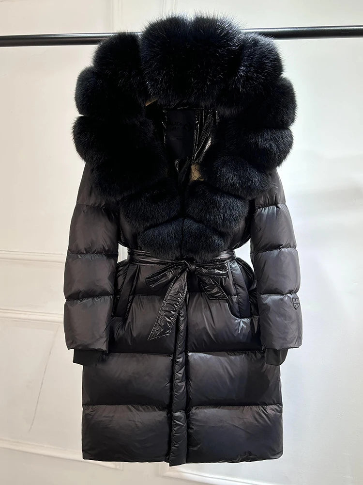 Janveny Winter Real Natural Fox Fur Hooded Long Puffer Down Jacket Women 90% Goose Down Coat Thick Warm Female Shiny Parkas