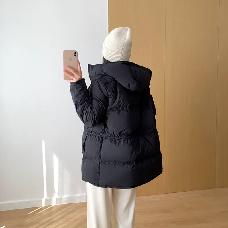 2023 New Autumn Winter Women Fashion Hooded 90% White Duck Down Coat Lady Slim Thick Warm Zipper Drawstring Lace-up Snow Jacket