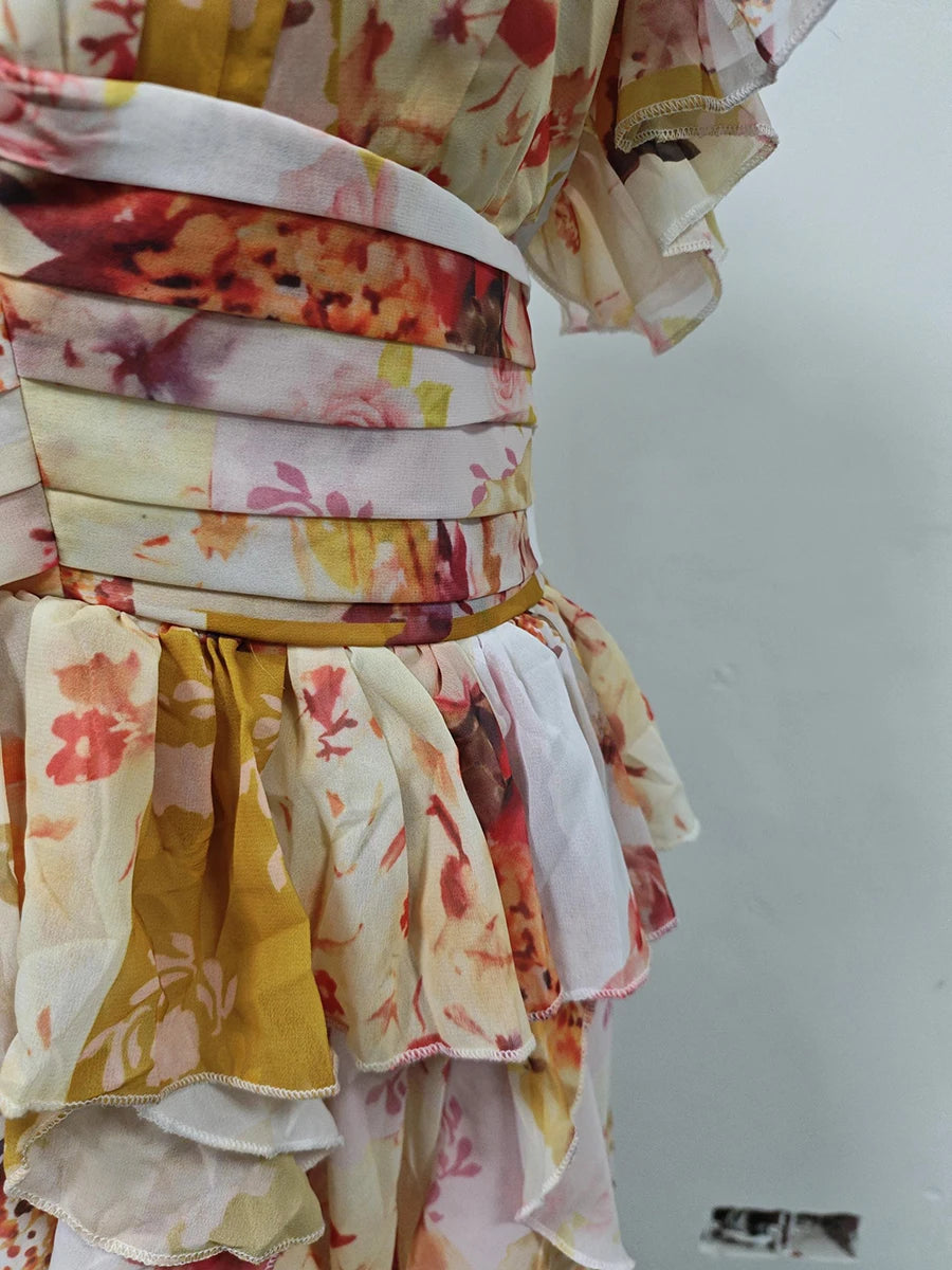 VGH Runway Style Maxi Dresses for Women V Neck Sleeveless High Waist Patchwork Ruffles Edge French Sexy Printed Dress Female New