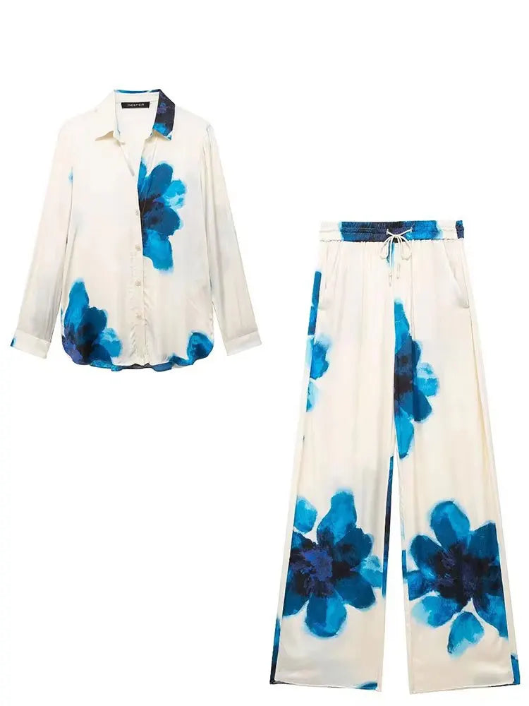 HH Women Fashion Floral Print Blouse Pant Sets Long Sleeve Lapel Shirt Drawstring Wide Leg Trousers Female Streetwear Suit