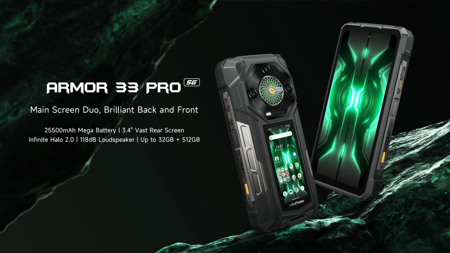 【World Premiere】Ulefone Armor 33 Pro 5G Rugged Phone 25500 mAh 512GB ROM 120Hz 6.59”3.4" Rear Screen NFC Android Smartphone
