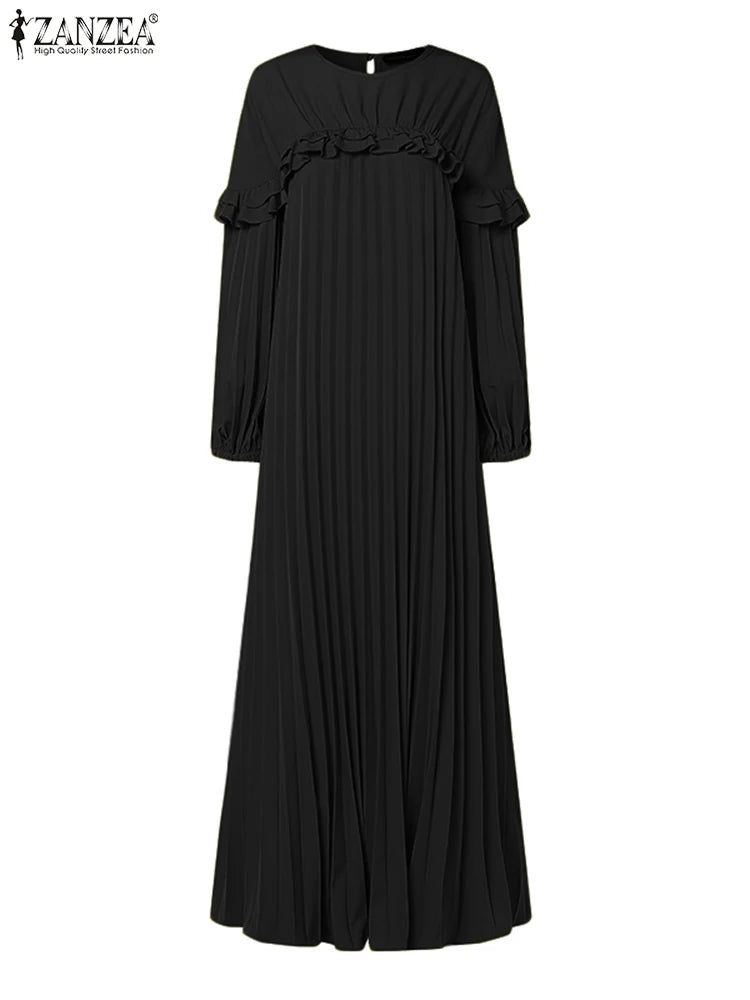 Elegant Autumn Maxi Dresses 2025 ZANZEA Women Fashion Long Sleeve Pleated Party Sundress IsIamic Robe Muslim Abaya Hijab Dress