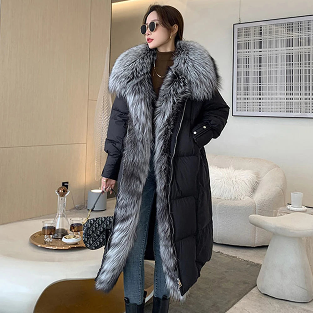 New Winter Coat Women Goose Down Jacket Long Thick Warm Oversized Real Fox Fur Collar Luxury Fashion Outerwear Streetwear