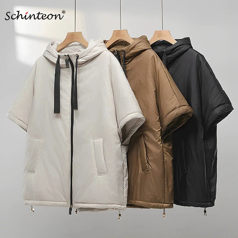 Schinteon Women Camel Down Cape Vest with Hood Loose Sleeveless Gilet Solid Fashionable Autumn Winter Jacket 2025 New