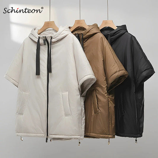 Schinteon Women Camel Down Cape Vest with Hood Loose Sleeveless Gilet Solid Fashionable Autumn Winter Jacket 2025 New