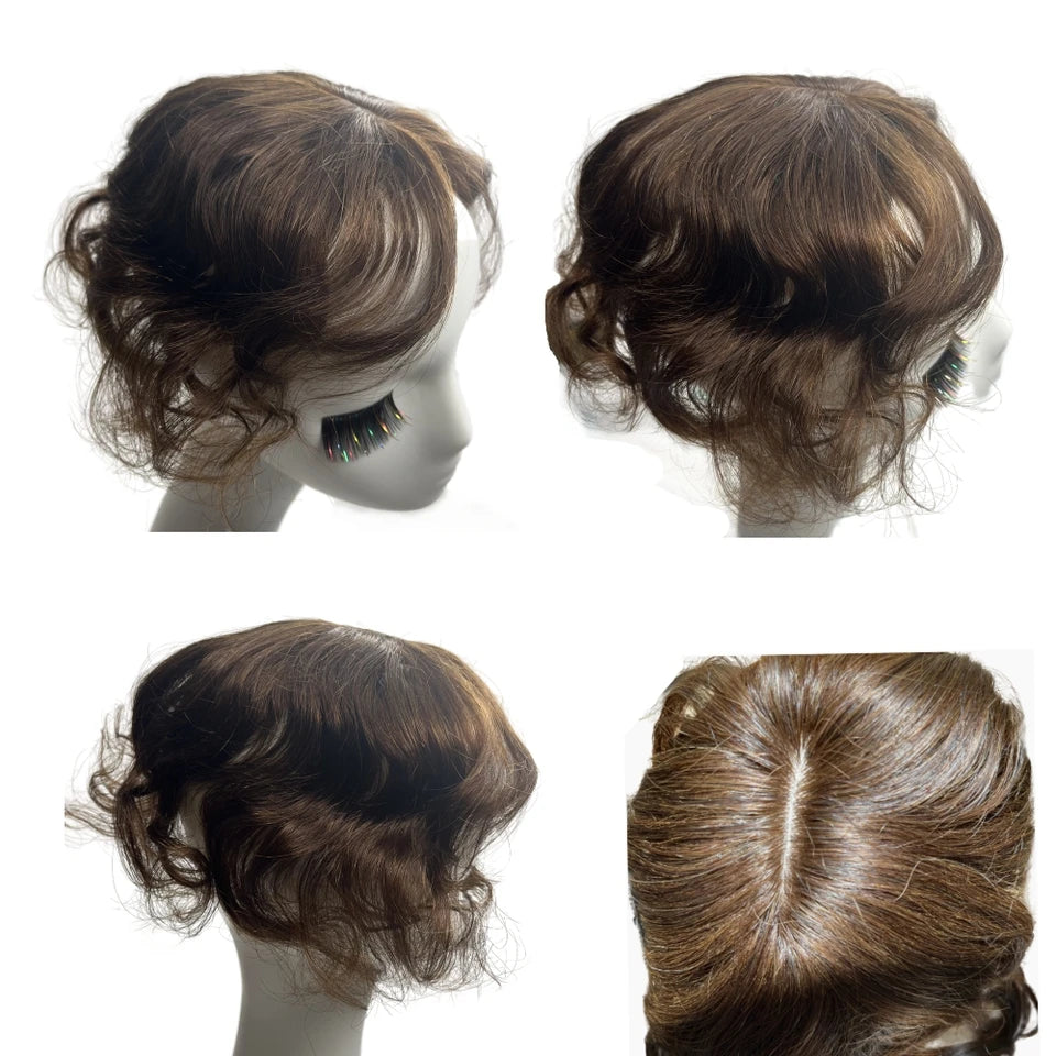 Body Wavy Human Hair Toppers for Women 25cm Clip In Curly Hairpieces Extensions Increase Hair Volume Mild Brown Non-Remy