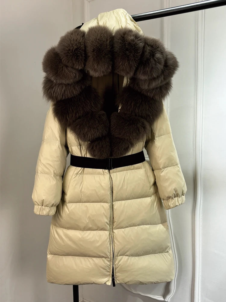 Lagabogy 2025 Winter Puffer Jacket Women Real Fox Fur Hooded Collar Thick Warm Long White Duck Down Coat Loose Luxury Outerwear
