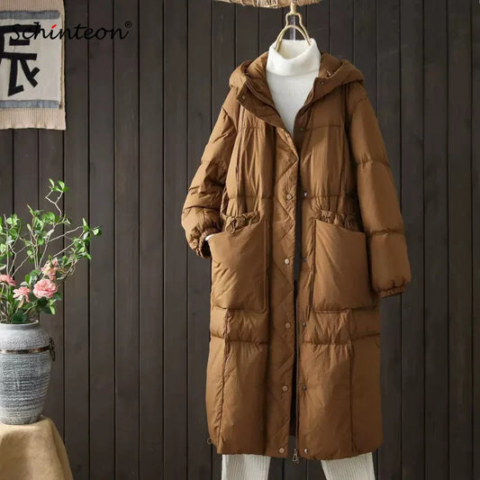 Schinteon Women White Duck Down Long Jacket Casual Loose Autumn Winter Outwear with Hood Warm Coat Big Pockets 2024 Korean Style