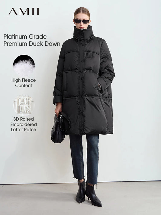 Amii 2024 Winter New Women's Velcro Loose Coat Top Warm Stand-up Collar Letter Embroidered Seal Zipper Down Jacket 12444103