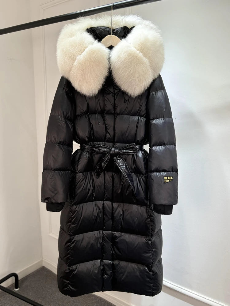 Janveny X-long Shiny Puffer Jacket Women Hooded Winter Thick Goose Down Coat Belt Large Natural Fox Fur Female Parkas Waterproof