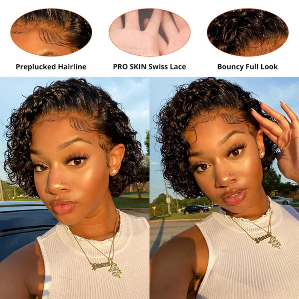 Pixie Cut Wig Water Wave Transparent Lace Frontal Wigs 13x1 Short Bob Human Hair Wigs For Women Perruque Cheveux On Sale 180%