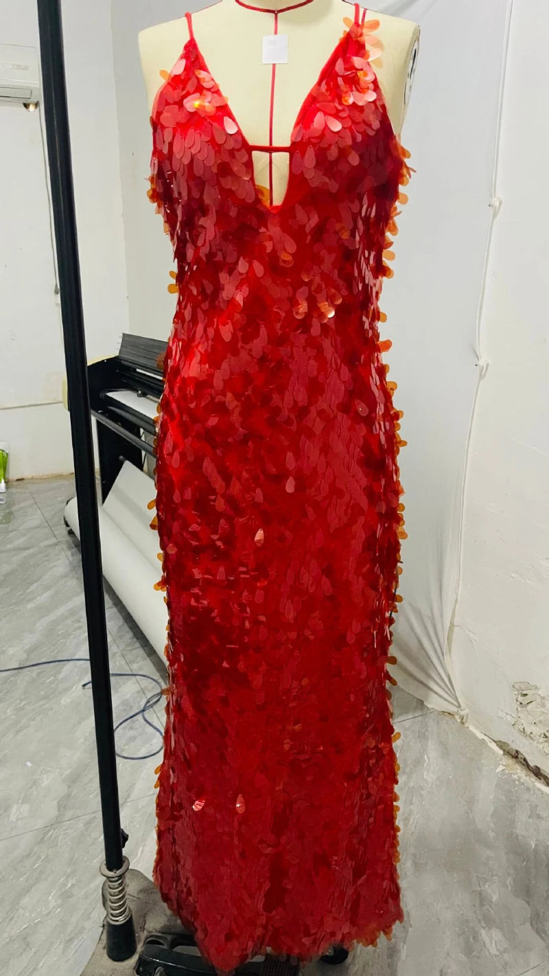 Sexy Women Maxi Dresses Elegant Sequins Sleeveless Female Long Dress Fashion  Solid Deep V Neck Ladies Party Robe Dress