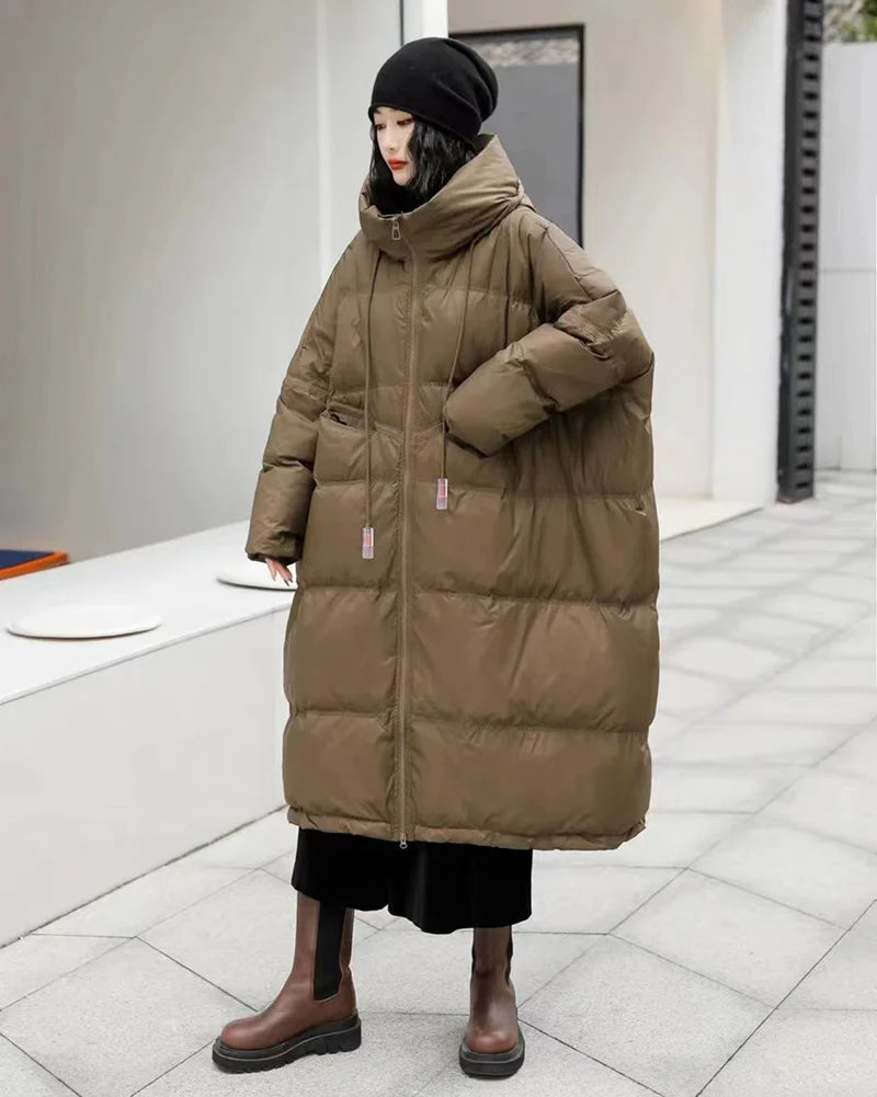 Schinteon Women White Duck Down Jacket with Hood Autumn Winter Warm Long Outwear Over Size Loose Coat 2025 New