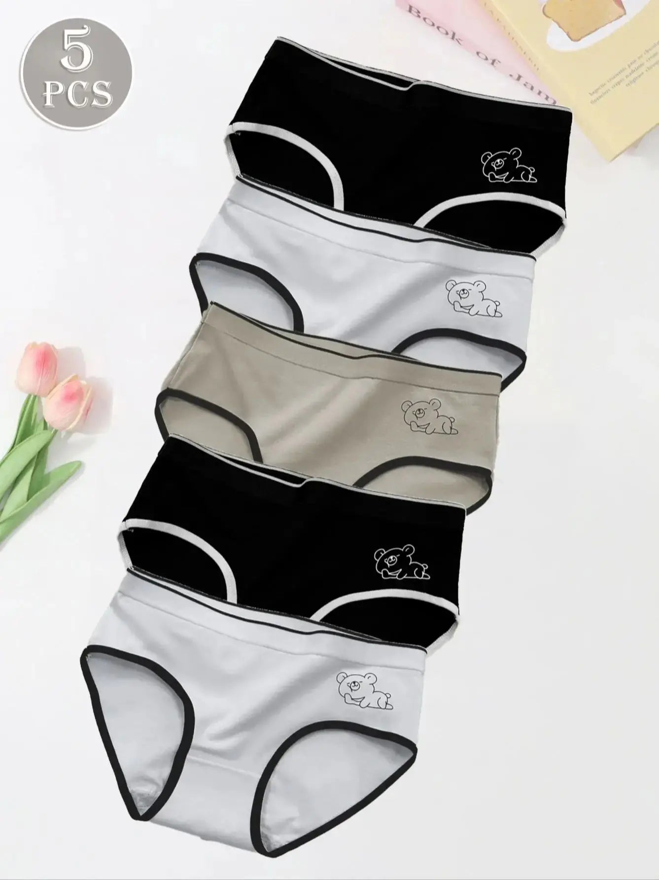 5PCS Cute Little Bear Home Daily Women's Panties, Casual Sports Yoga Breathable and Comfortable Mid-waist Women's Triangle Panti