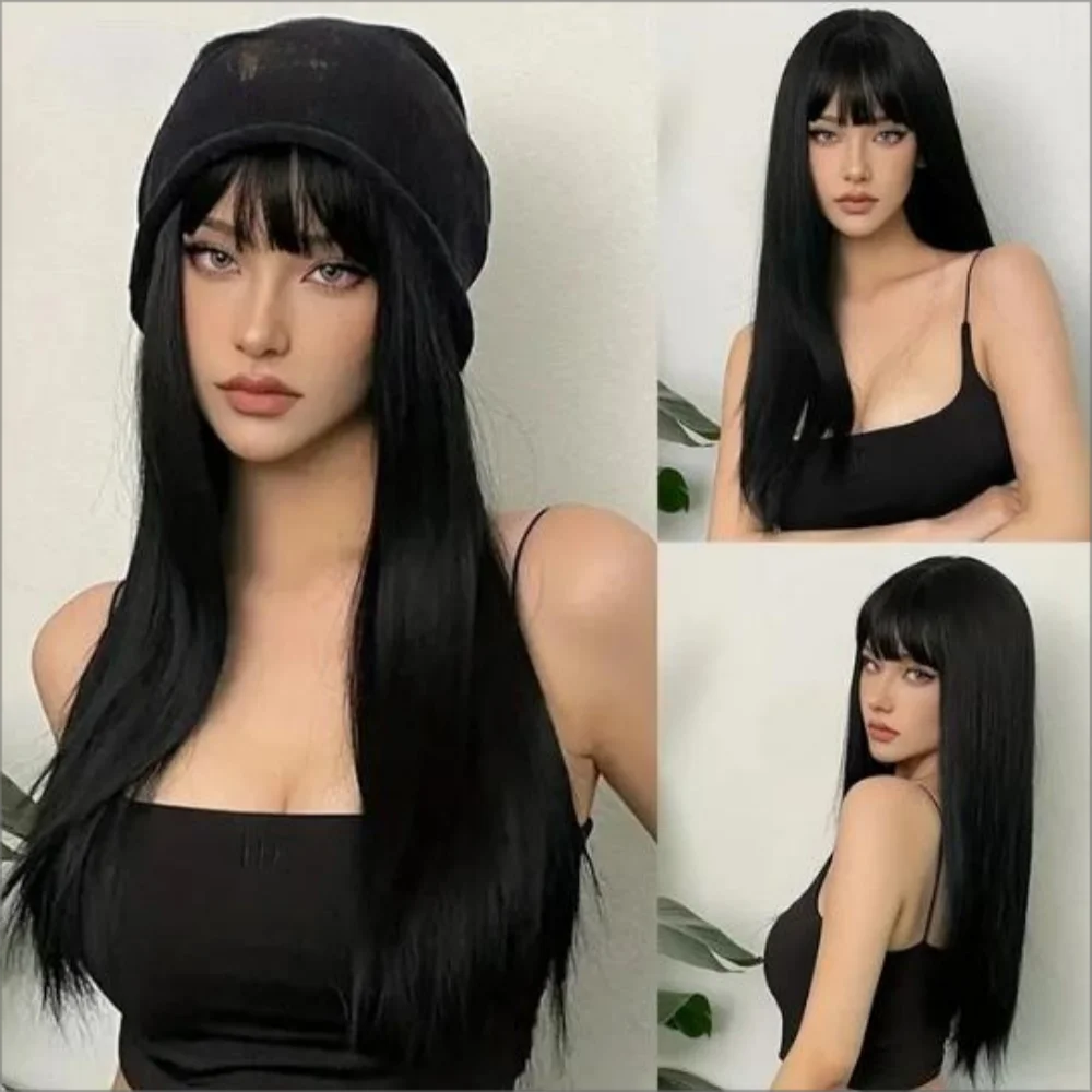 Grandma's Grey Synthetic Wig, Natural Bangs, Long Straight Hair, White Women's Daily Cosplay, Heat-Resistant Full Head Cover