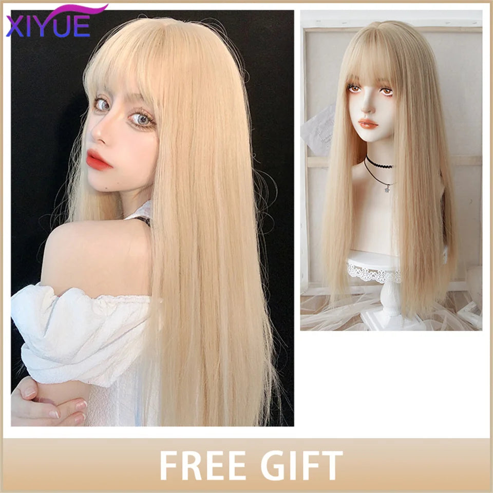 XIYUE Long Straight Black Wig With Bang Synthetic Wigs for Women Heat Resistant Natural Hair for Daily Halloween Cosplay Party