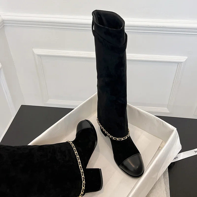 Arden Furtado 2024 Cowhide Mixed Colors Knee high boots Round toe Suede Pull-on Turned-over Edge Chunky heels Modern boots