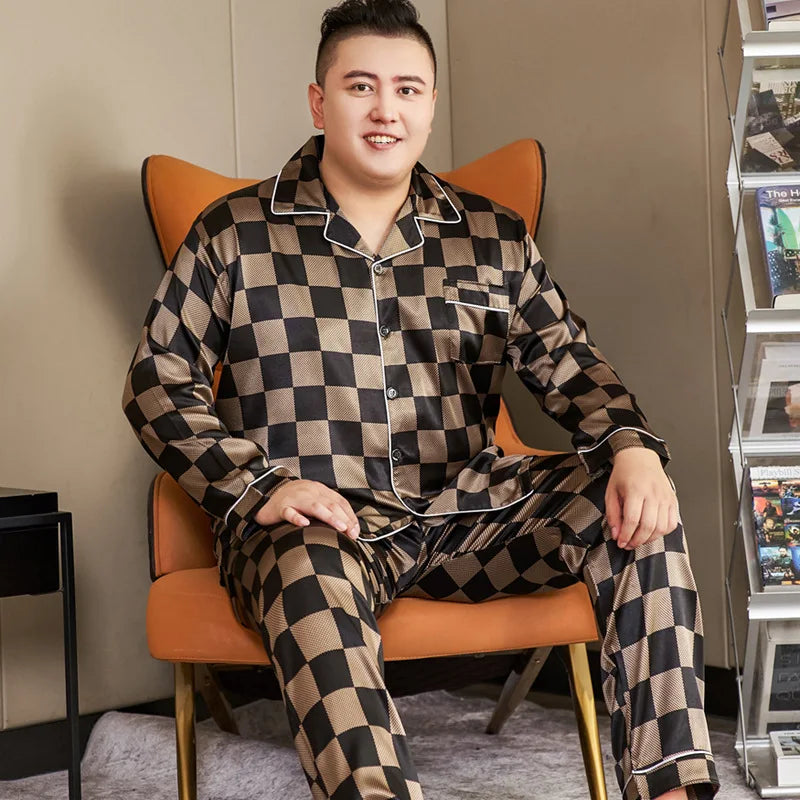 3XL-5XL 165KG Extra Large Size Pajamas Men Print Satin Long Sleeve Trouses Suit Spring Summer Fatty Fattening Loose Home Clothes