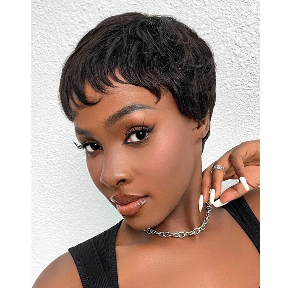 Short Pixie Cut WIgs Straight Brazilian Human hair Wigs with Color Black and Red Full Machine Made Wigs For Women On Sale