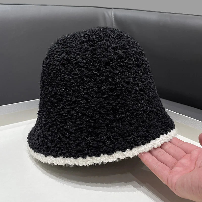 Winter Rabbit Fur Bucket Hat Women Korean Solid Color Warm Fisherman Cap Autumn Thicken Plush Female Windproof Hats