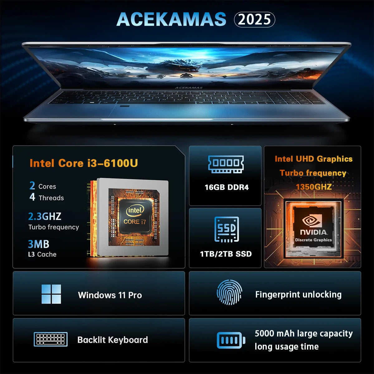 ACEKAMAS 15.6" Portable Laptop Computer Core i3 6100U Windows 11 Pro Gamer Notebook PC 16GB DDR4 1TB SSD Office Laptops Gaming